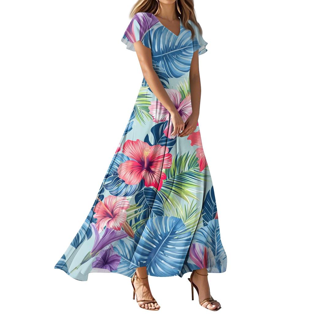 Lässiges Damenkleid mit V-Ausschnitt, kurzen Ärmeln und hoher Taille, Retro-Blumenblatt-Print