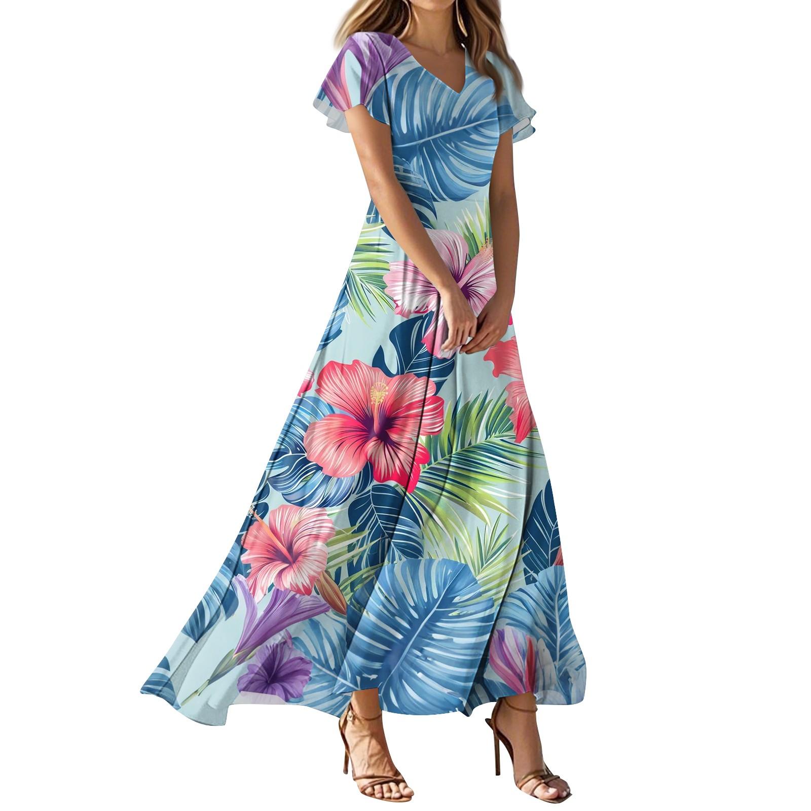 

Женское повседневное платье с V-образным вырезом, коротким рукавом, высокой талией и принтом в виде цветов и листьев в стиле ретро L синий