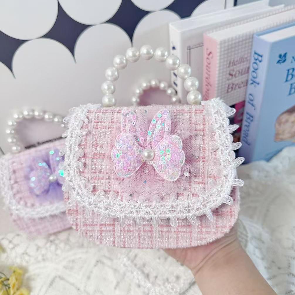 Crossbody Kids' Square Bag with Rabbit Applique and Pearl Trim