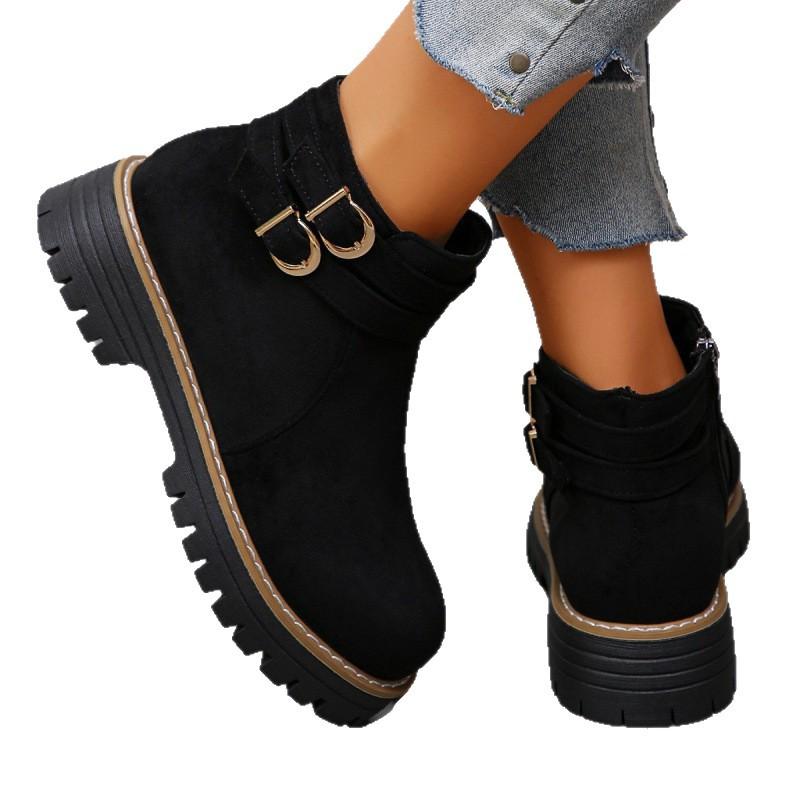 Autumn European and American new thick-soled suede short Martin boots large size buckle side zipper retro single boots