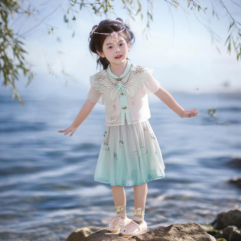 Huatiancai Azure Mist Wing Dance Girls Hanfu Summer Short-Sleeve Set 110