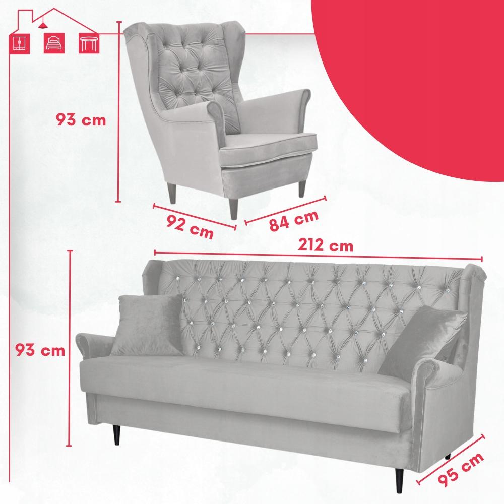 Zestaw wypoczynkowy welurowy komplet 2 fotele wersalka SZARY Family Meble