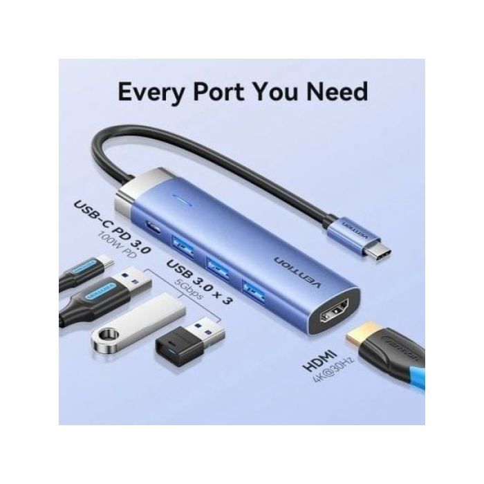 Station d'accueil Vention TGESB 3xUSB 3.0 HDMI 4K@30Hz USB-C PD 100W Aluminium Bleu