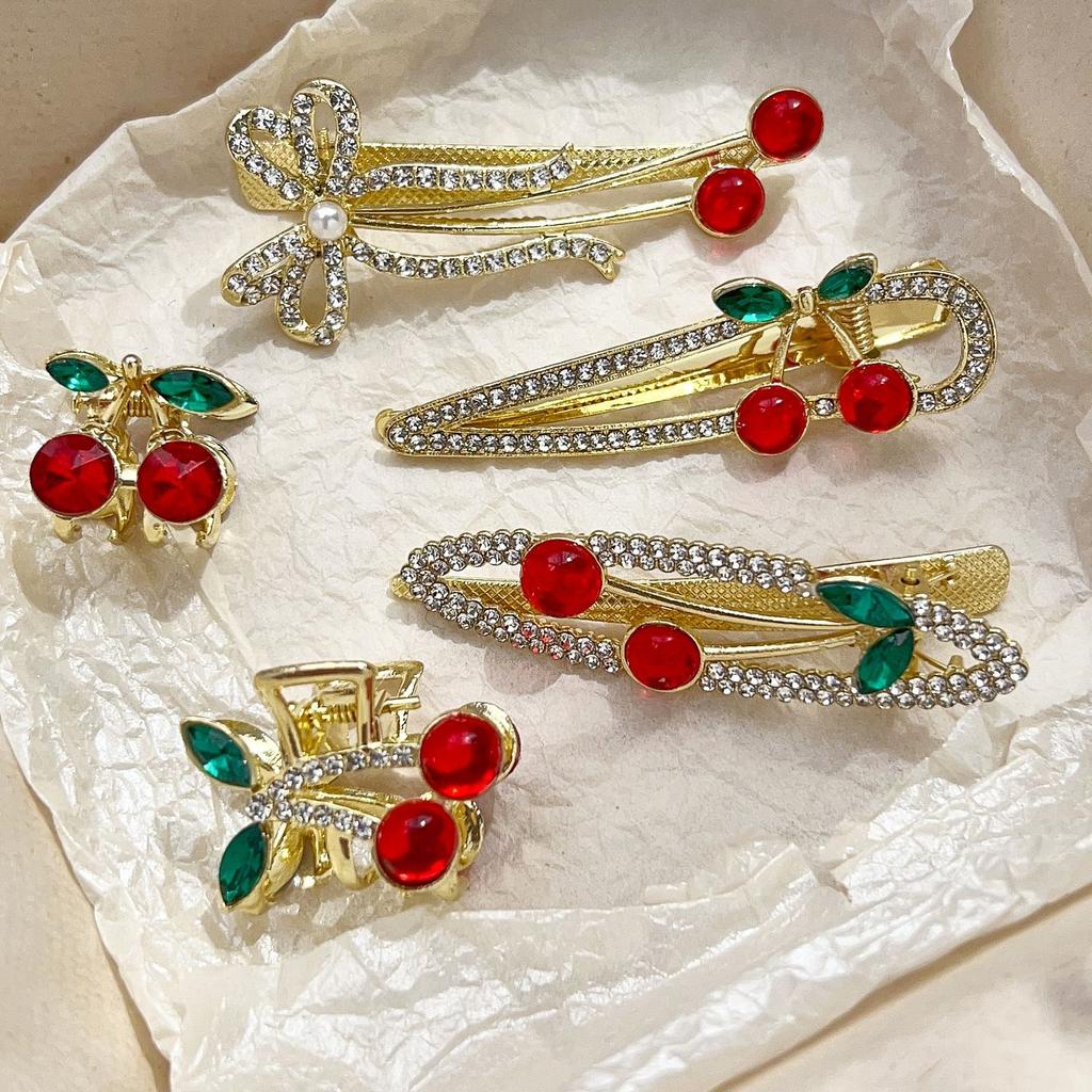 Diamond Metal Red Cherry Hair Clip Sweet Small Exquisite Duckbill Clip Glitter Rhinestone Bangs Side Clip Girls Styling Headwear