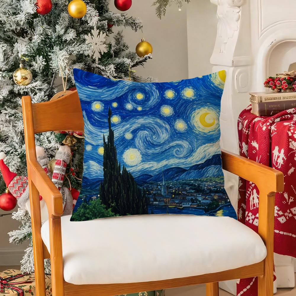 VVan Gogh Starry Sky Oil Painting Pillow Case Silky Short Plush With Invisible Zipper Dustproof Sofa Cushion Cover