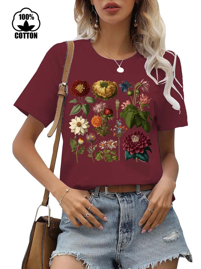 Floral Print Casual T-shirt 100% Polyester Short Sleeve round Neck Women's Graphic Top Aesthetic Summer Fashion