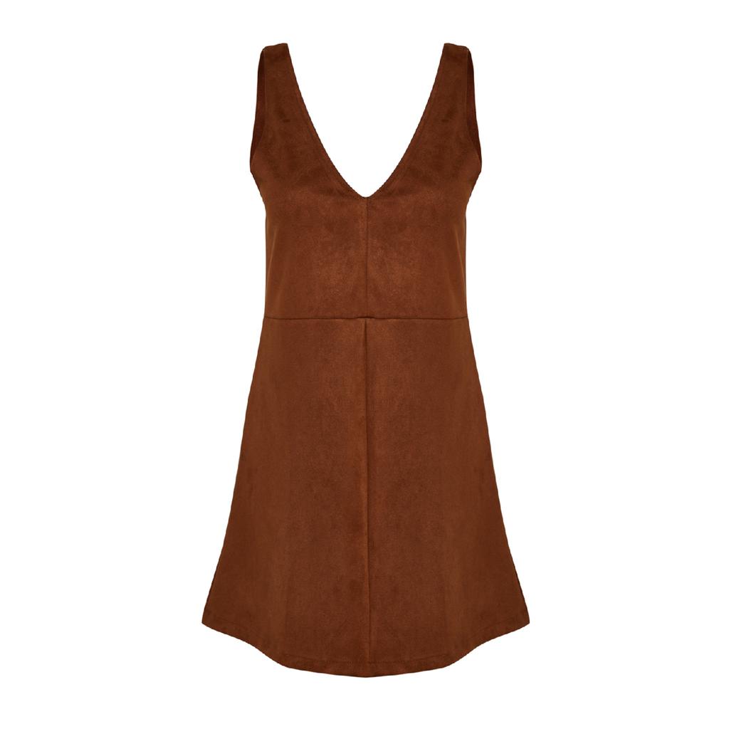 فستان جيليه سويدي قصير محبوك بني برقبة على شكل حرف V Twoaw24el00543