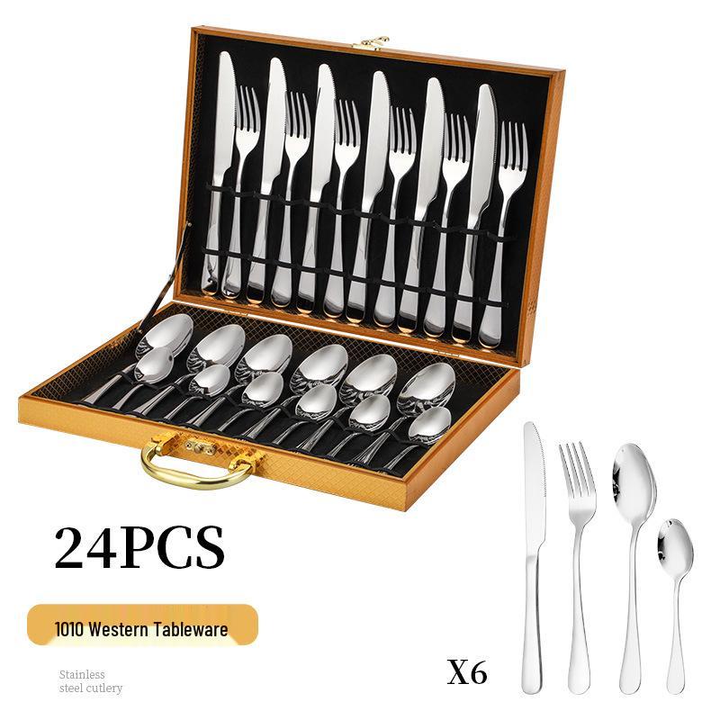 24-Piece Titanium Gold Stainless Steel Cutlery Set with Western Steak Knife, Fork, Spoon, and Laser Logo - Gift Pack.