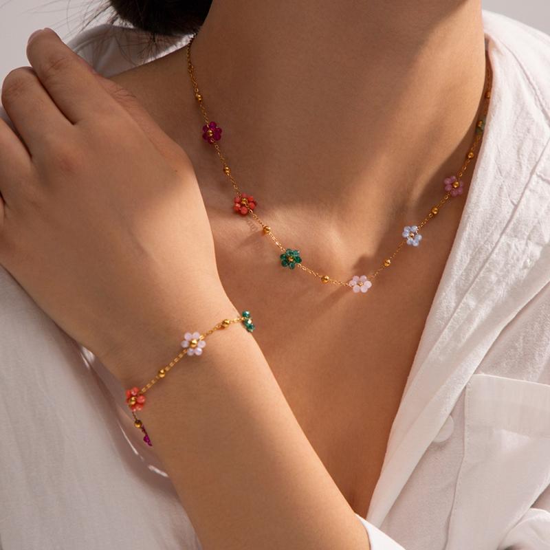 2 Pieces/set of Gold Color Chain Colored Flower Necklace Bracelets, Suitable for Ladies' Sweet Daily Party Jewelry Gifts