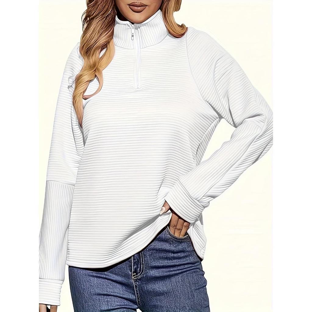 Suéter Casual de Punto con Cremallera para Mujer, Jersey Holgado de Manga Larga con Cuello en V, Color Puro, Adecuado para Usar en Primavera y Otoño, Bajo Regular