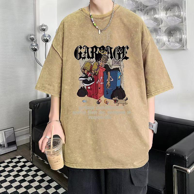 

Мужская футболка в стиле ретро, хип-хоп с Западного побережья, стиранная, из чистого хлопка, с коротким рукавом - европейский и американский уличный стиль 2XL коричневый