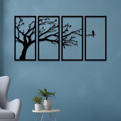 Pre-Laminated Pine Wood Bird On a Tree In Wall Art | Laser Cut Precision | For Home Décor | For Gifting (Set of 4)