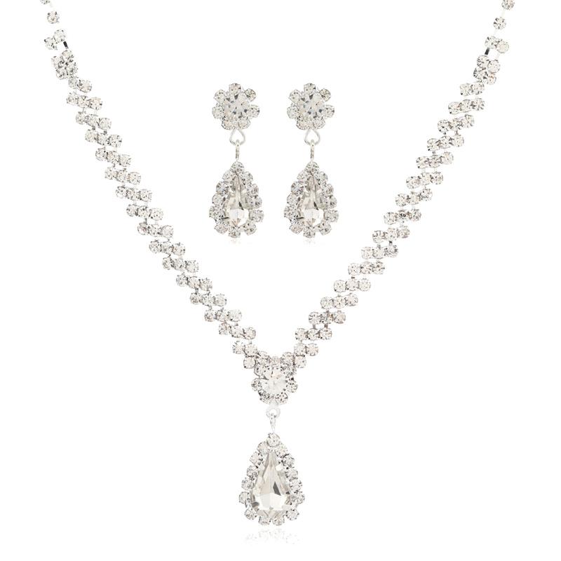 Bridal Necklace Earrings Teardrop Rhinestone Jewellery Style Sparkling Set Bride Wedding