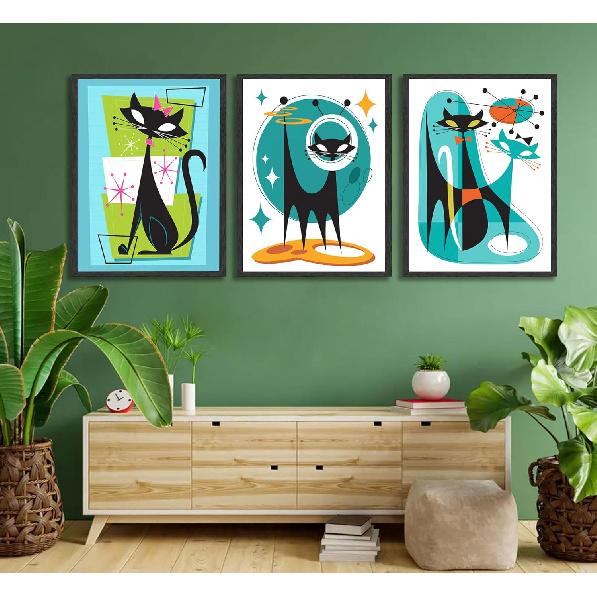 3pcs Funny Abstract Cat Canvas Wall Art Whimsical Futuristic Atomic Cats Posters Prints Modern Medieval Geometry Wall Decor Pictures for Living Room