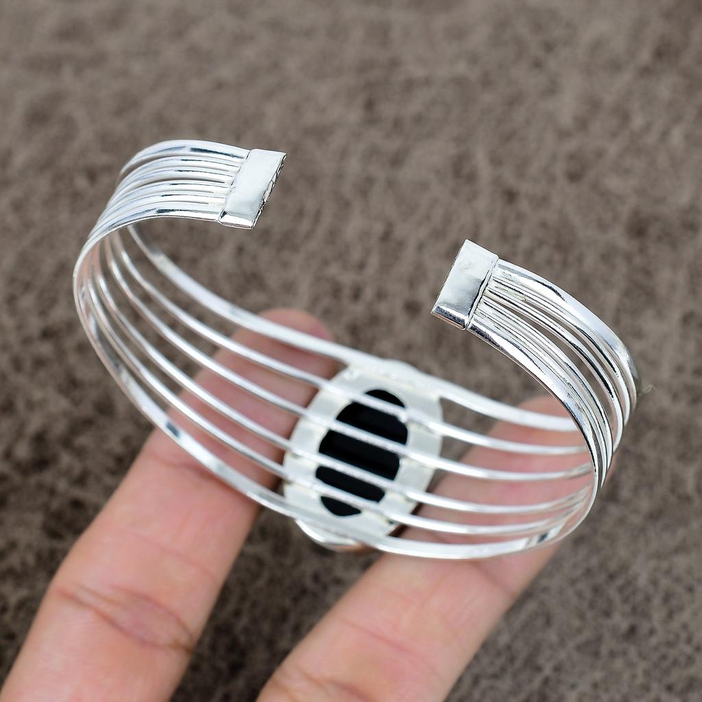 Black Onyx Gemstone Handmade 925 Sterling Silver Cuff Bangle Adjustable KKG-195