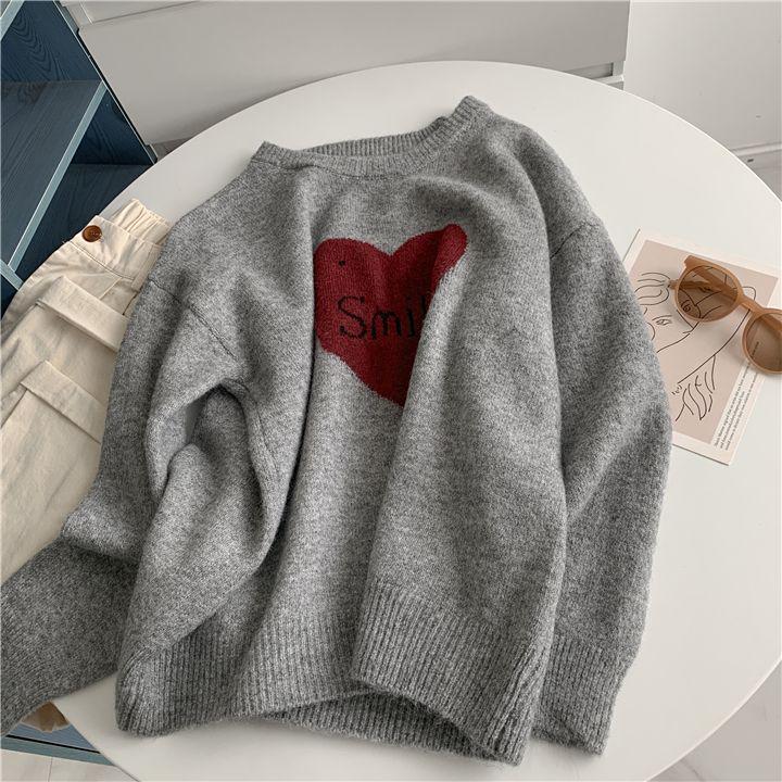 Korean Style Love Jacquard Couples' Knit Pullover - Women's Autumn/Winter Loose Long Sleeve Sweater