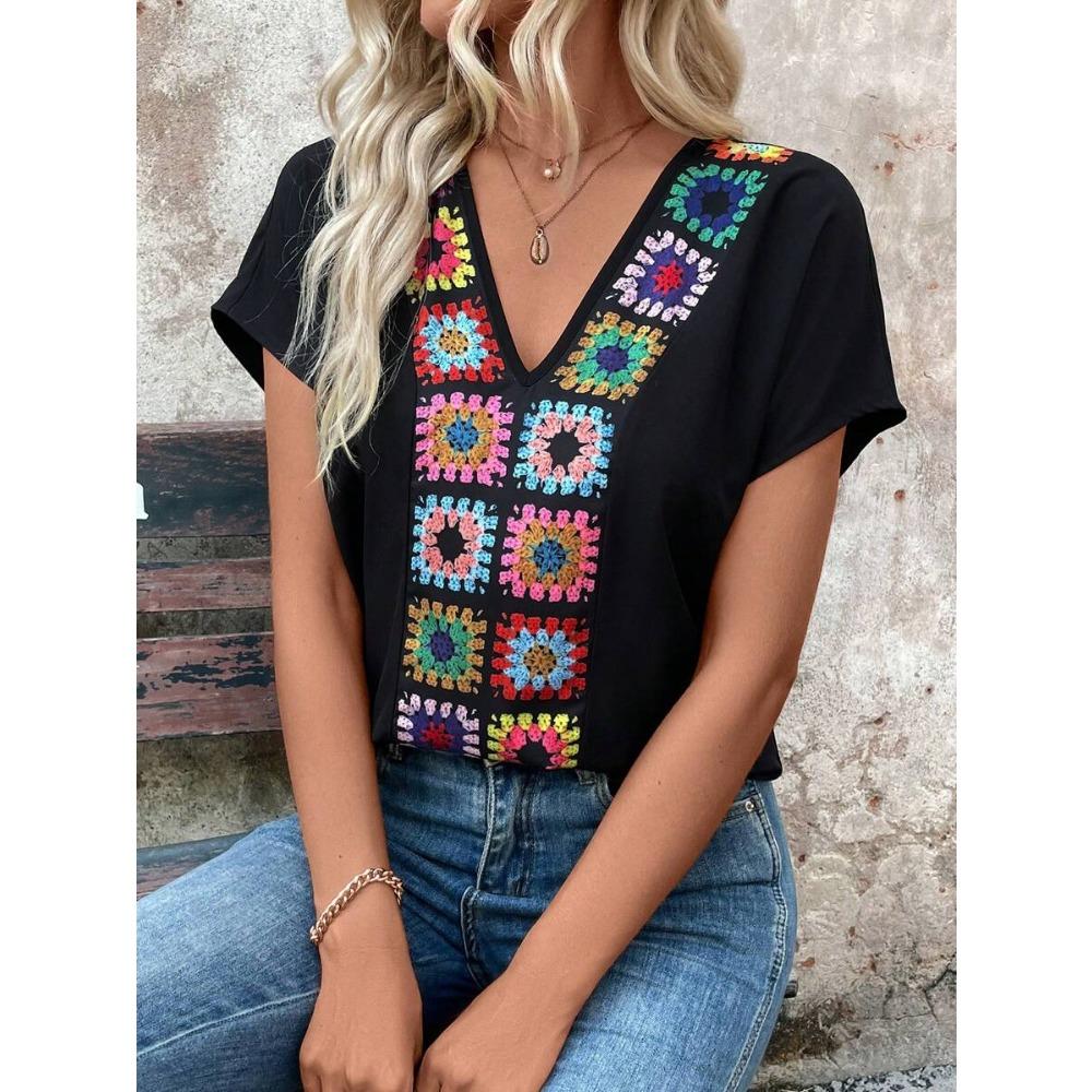 V-neck Women's Short Sleeve T-Shirt Summer Daily Casual Tops OverSize Loose Women's Clothing Flower Print Style Patterns