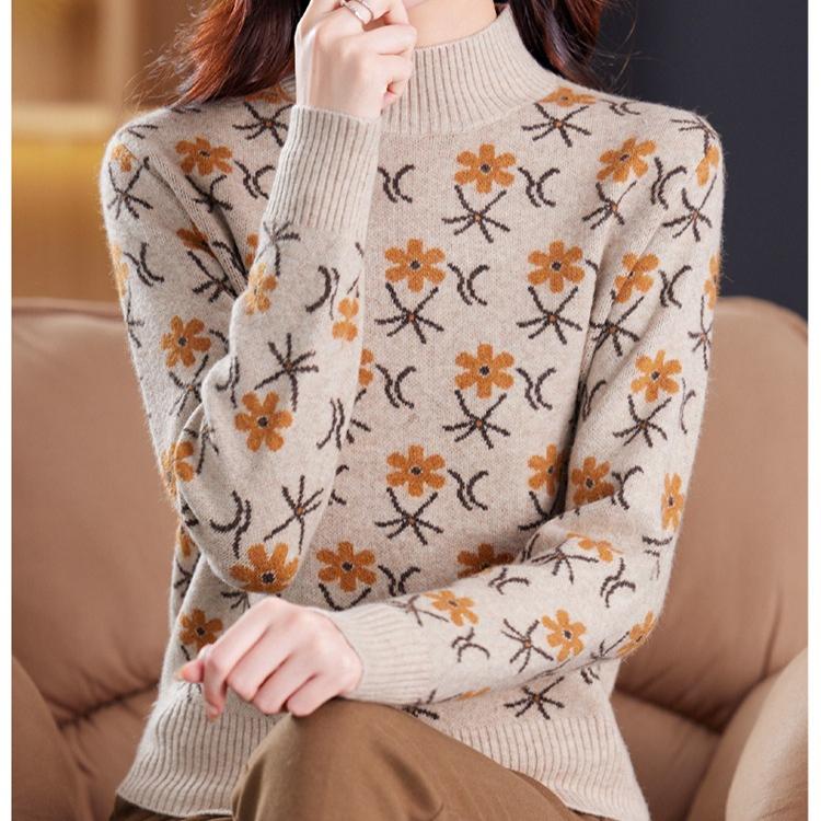 Jacquard Sweater Loose Half Turtleneck Knitted Sweater for Women In Autumn and Winter Fashionable and Casual Pullover