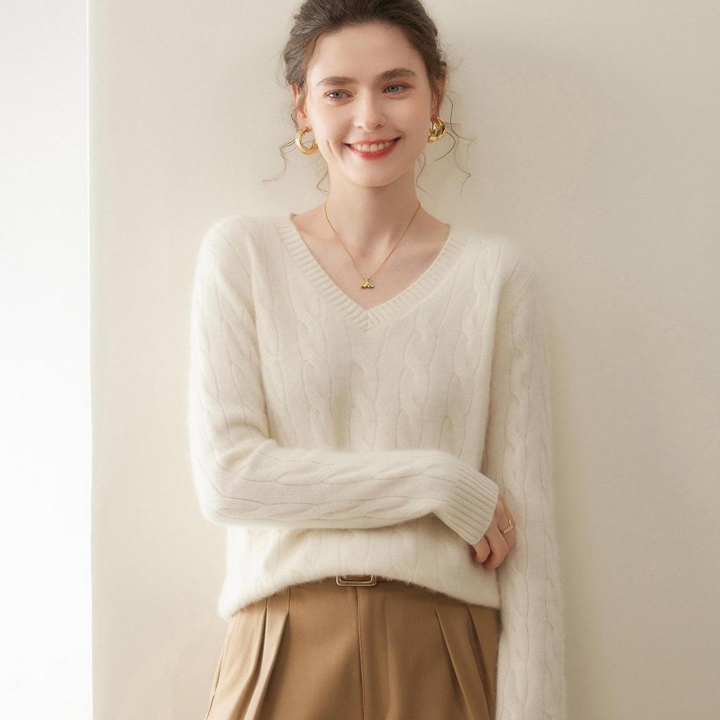 Women’s Cashmere V-Neck Knit Sweater - 2025 Autumn/Winter Collection, Double-Strand, Thickened, Short, Pure Color, Warm Base Layer.