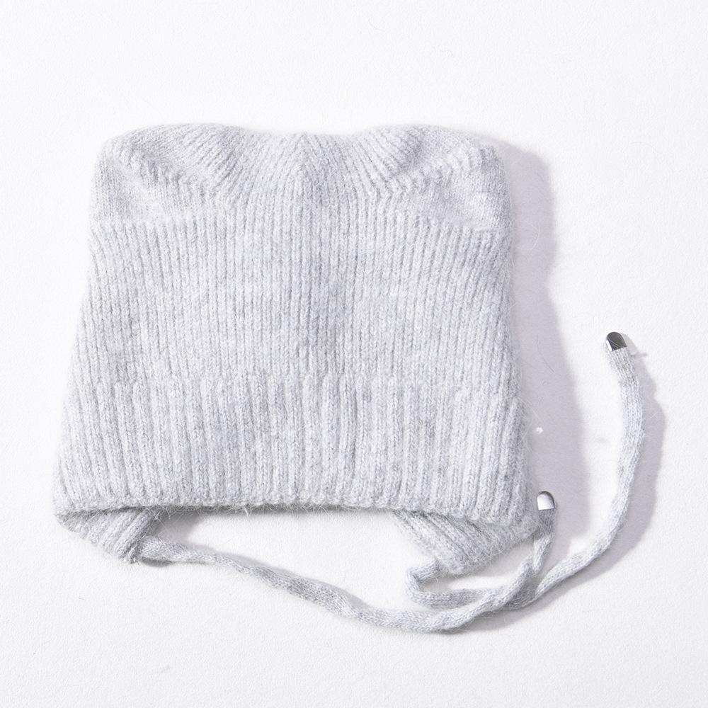 Solid color Angora long rabbit hair lace-up cat ear hat warm wool hat knitted hat windproof ear protection