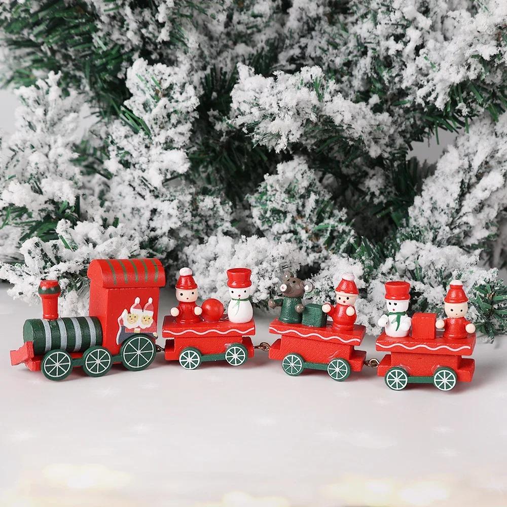 Wooden Christmas Train Ornament Plastic Mini Christmas Train Toys Festival Party Decoration Xmas Table Ornaments New Year Gifts