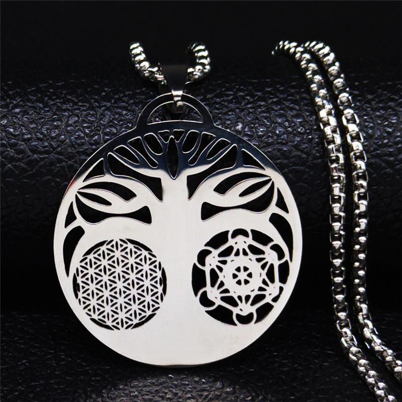 Yoga Flower of Life Buddhist Amulet Necklace Stainless Steel Spiritual Medal Tree  of Life Necklace Jewelry Fleur De Vie N3091