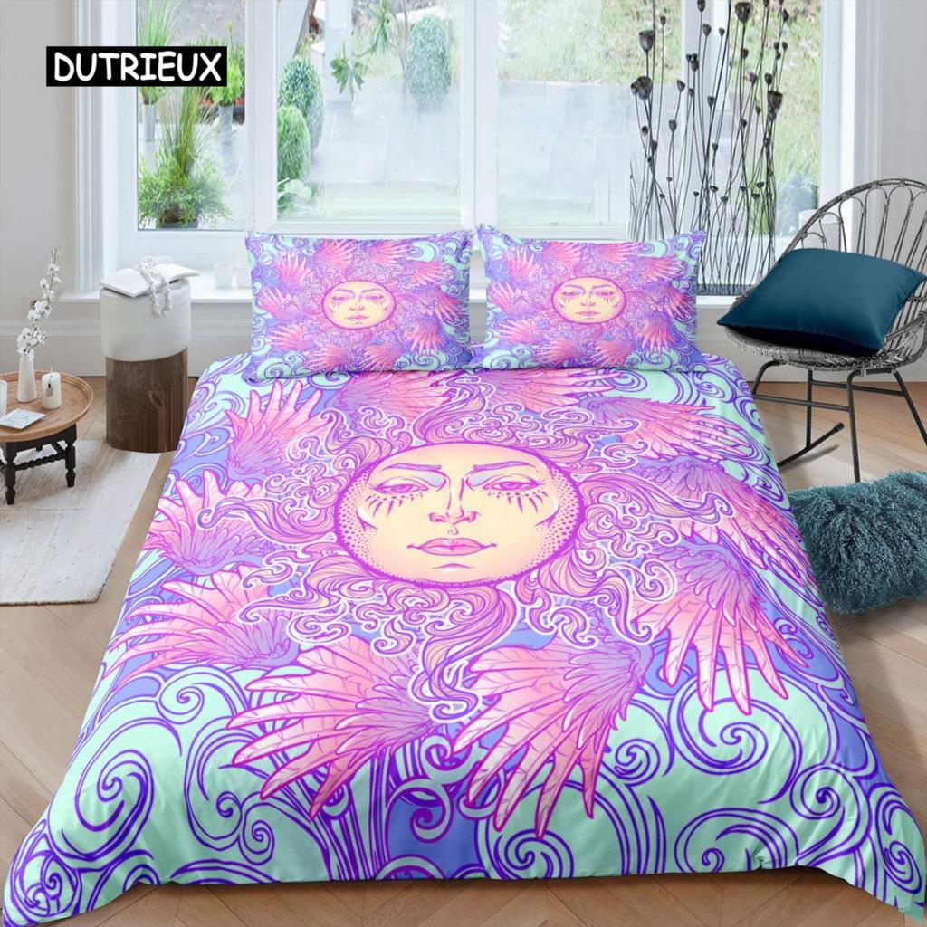 Sun Moon Duvet Cover Set Queen Microfiber Bohemian Black and White Print Yin Yang Comforter Cover Galaxy Star Twin Bedding Set