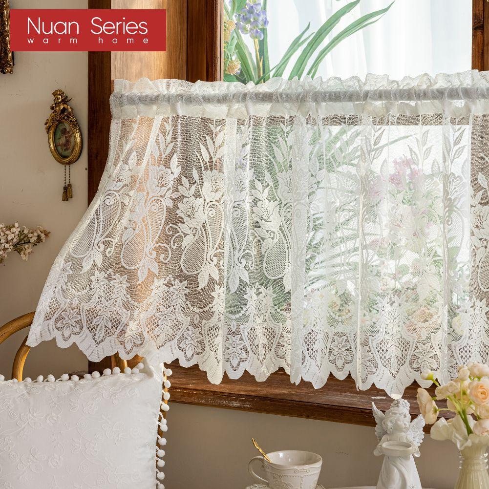 1 Stück Nuan Serie Französischer Retro Spitzen-Kurzvorhang, Rustikaler Stil, Leichter Voile-Vorhang für Wohnzimmer Küchenschrank Fenster Heimdekoration