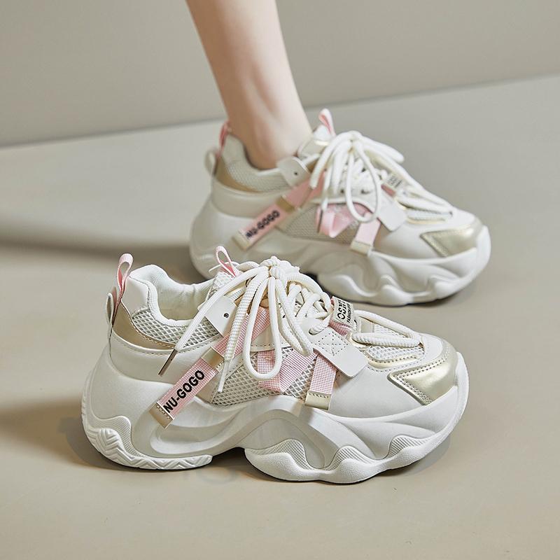 Fashion Women's Net Shoes Fall New Round Head Net Surface Breathable Before Lacing Thick Sole Increase Casual Sports Shoes