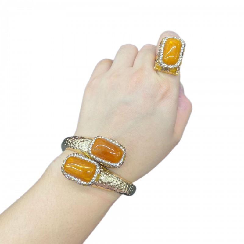 Vintage-Inspired Amber Jewelry Set Women Gold-Plated Full Rhinestone Ring Earring Necklace Bracelet 4-Piece Ensemble