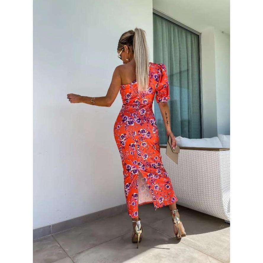 YYFS Women's Fashion Summer Spring 1/2 Sleeves Oblique Collar High Waist Casual Dresses