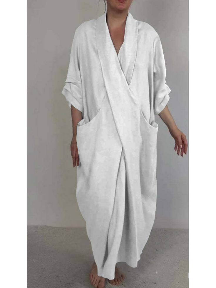 2026 Autumn Linen V-Neck Bathrobe Dress with Pockets - Solid Color, Casual, Loose, Slit Design
