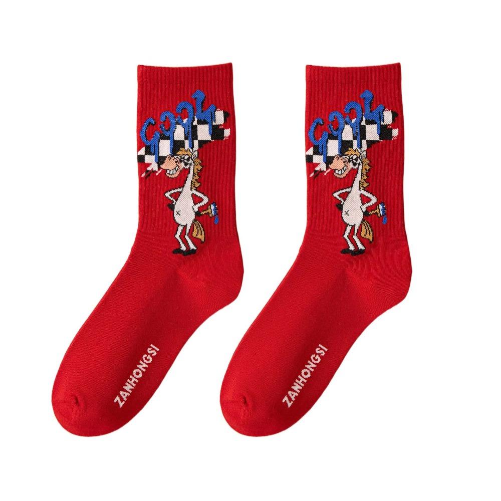 Chinese Culture Year of The Horse Socks Cartoon Red Cotton Socks Zodiac Year Socks Winter Autumn