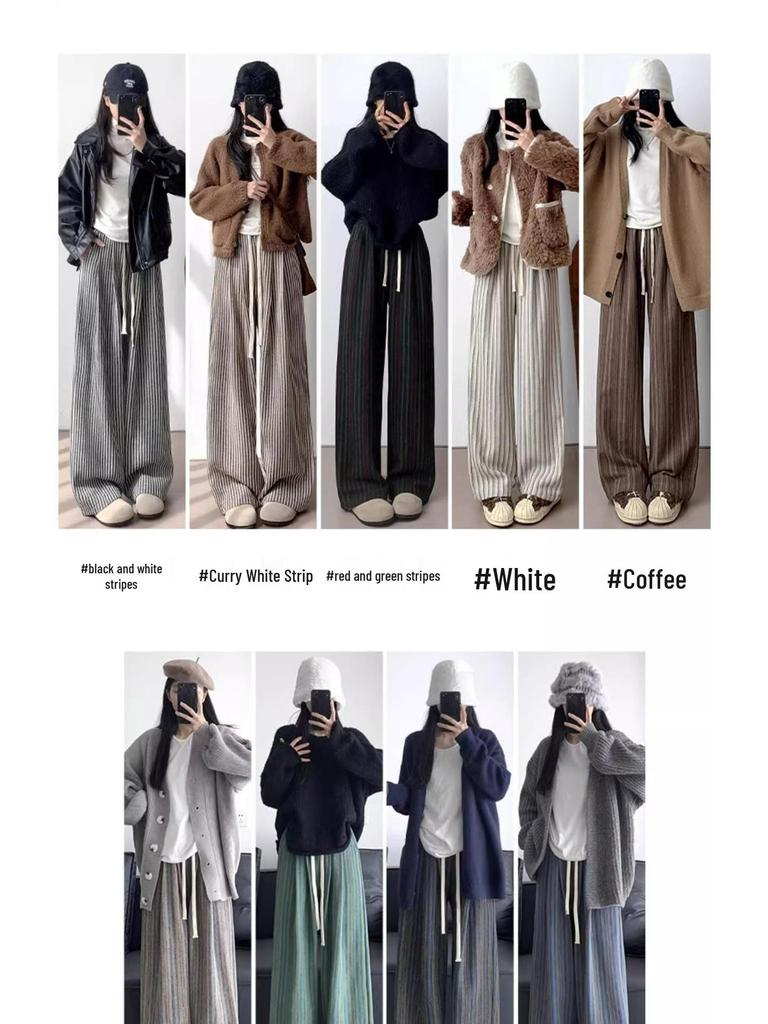 Women's Petite 145cm Black Stripe Wool Wide-Leg Pants - Retro Autumn/Winter Casual Stroll