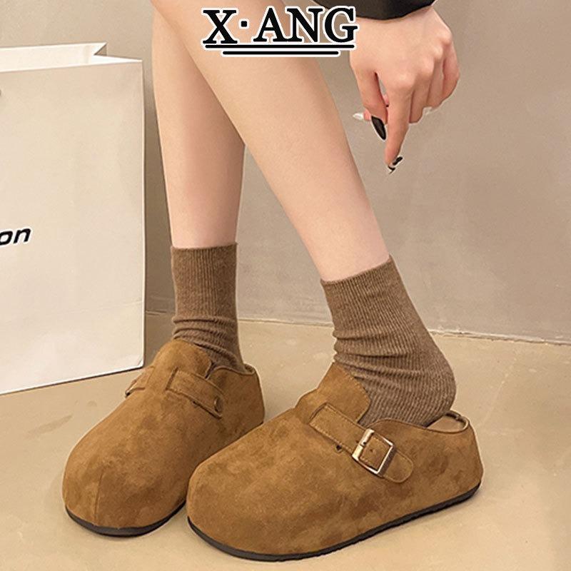 cm thick-soled cowhide version children's baotou wearing half slippers autumn new one-pedal single shoes