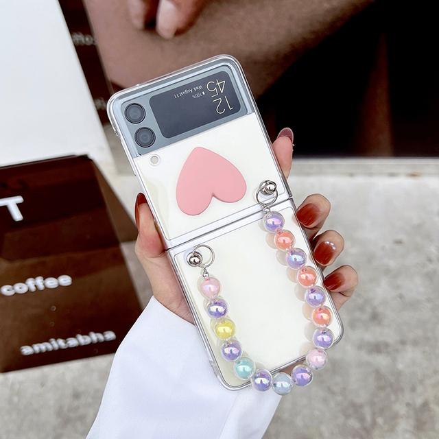 

Милый 3d карамельный цвет сердце портативный красочный браслет с бусинами чехол для телефона для Samsung Galaxy Z Flip 3 5g/Z флип прозрачный жесткий чехол For Samsung Z Flip