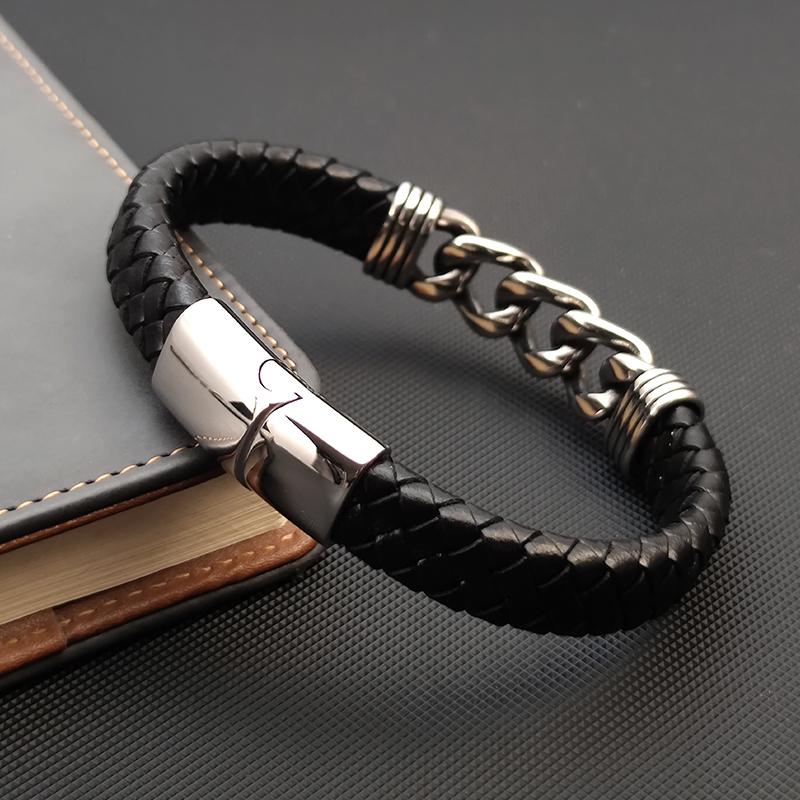 MingAo Luxury Chain Leather Braid Men Bracelet Stainless Steel Buckle Business Men's Bangles for Friend Partner Lovers Gift