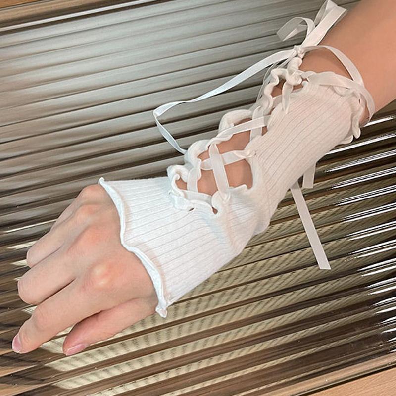 Lolita Strapping Bow Fishnet Lace Fingerless Gloves Floral Elastic Mesh Handwear