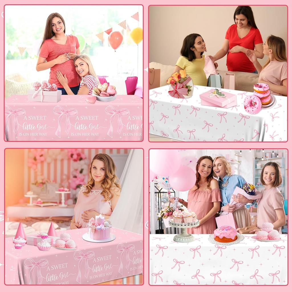 2Pcs A Sweet Little Girl is on Her Way Tablecloths,Pink Bow Baby Shower Decorations Coquette Bow Plastic Table Cover Pink Bow Birthday Party