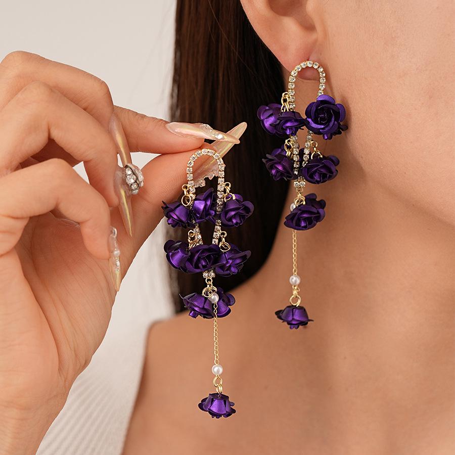Elegant European & American Long Tassel Flower Earrings with Diamond-Inlaid Spray-Painted Design in Sterling Silver for Women