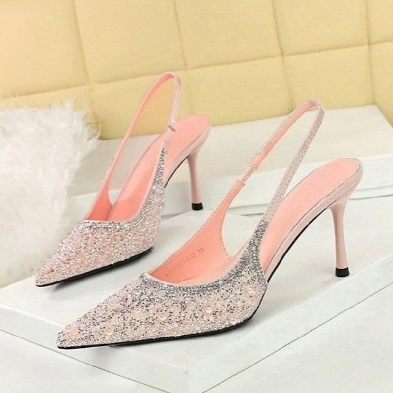 Shiny Sequin Pearl Wedding Women Pumps Luxury  Evening Party Slingbacks Slip on Sexy Pointed Toe High Heeled Female Shoes