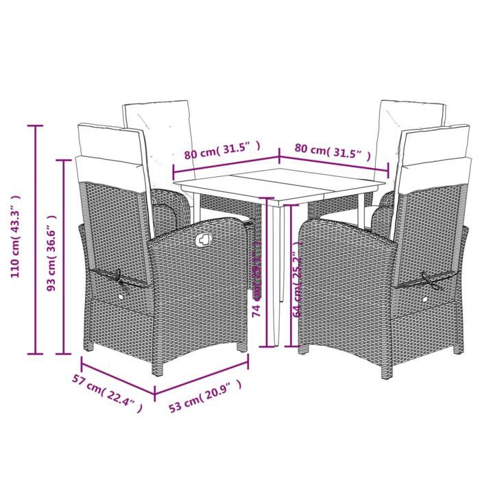 VidaXL Ensemble à Manger de Jardin avec Coussins 5 pcs, Table et Chaises avec Dossier Réglable, Meubles d'Extérieur Patio 3212291