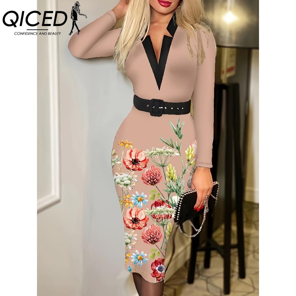 

QICED Женская мода весенне-осенние повседневные платья с длинным рукавом и v-образным вырезом с высокой талией XXXL