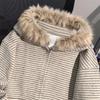 Punk Coat Y2k Vintage Faux Fur Collar Hoodie Zip-Up Woman Sweatshirts Goth Stripe Girl Coat Winter Jackets Hip Hop