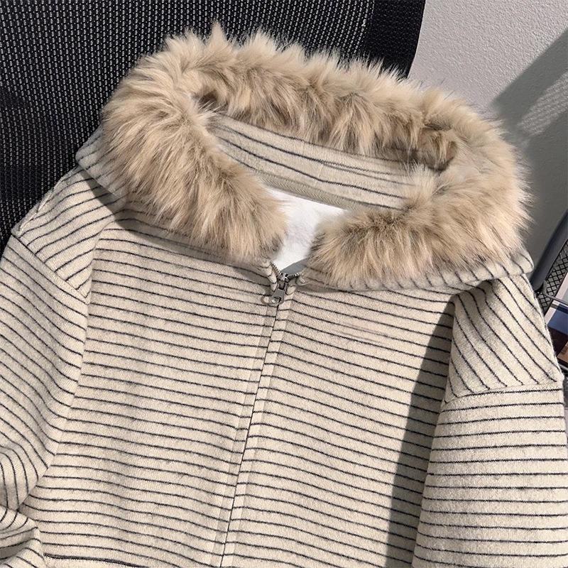 Punk Coat Y2k Vintage Faux Fur Collar Hoodie Zip-Up Woman Sweatshirts Goth Stripe Girl Coat Winter Jackets Hip Hop