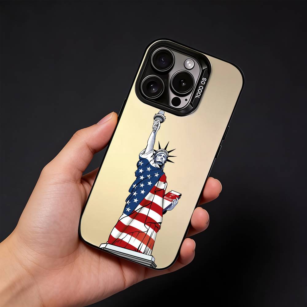 Statue of Liberty A-American Flag Phone Case For iPhone17, 16,15,14,13,12 Pro Max Black Candy Matte Shockproof Cover iPhone11PROMAX