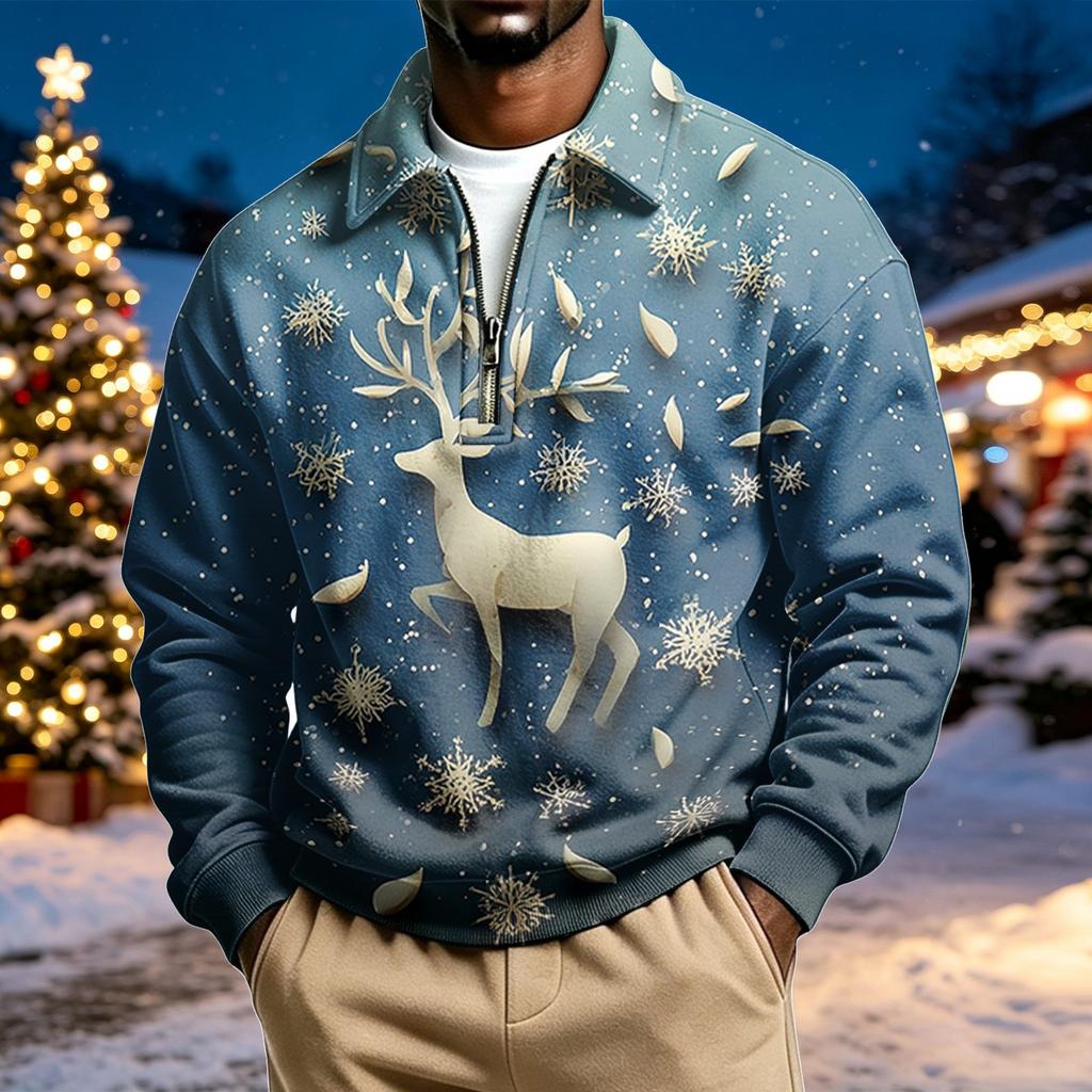 Herren lässiges Weihnachtsdruck Viertelreißverschluss Sweatshirt mit Kragen