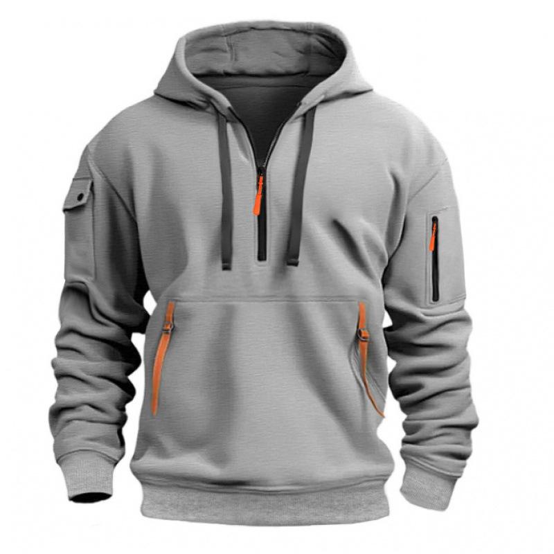 Men s Multi-Zipper Hooded Sweatshirt with Arm Pocket for Autumn and Winter Medium