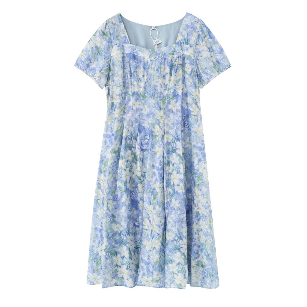 Large size women's clothing French square neck oil painting style floral dress waist thin medium and long skirt 262590