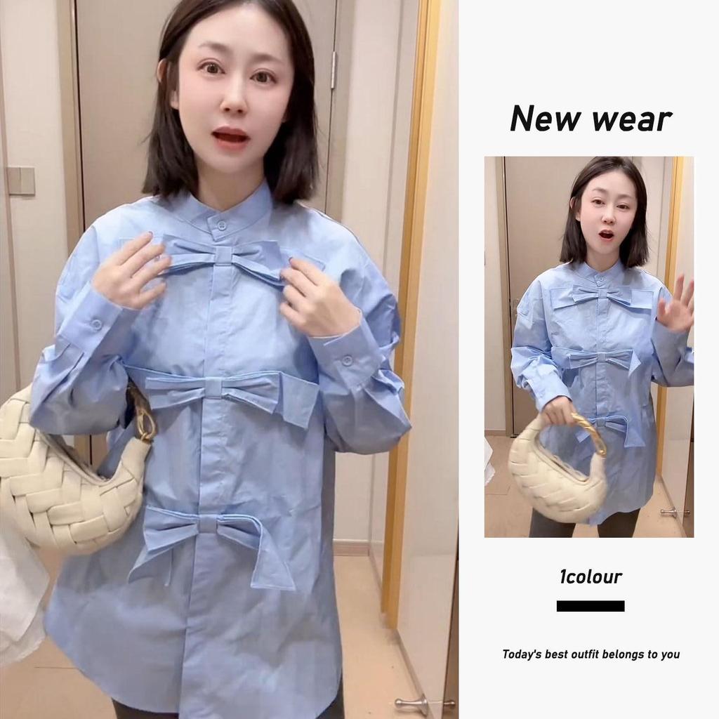 2026 Spring Women's Bow Blue Korean Style Slimming Top - Elegant, Versatile, and Youthful